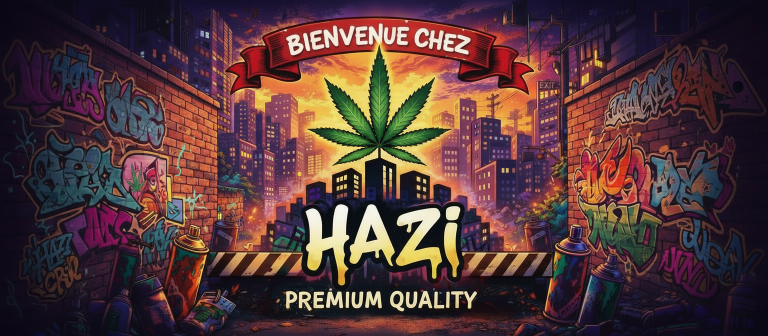 Bannière d'accueil HAZI CBD : fresque graffiti urbaine avec le logo HAZI et la mention Premium Quality